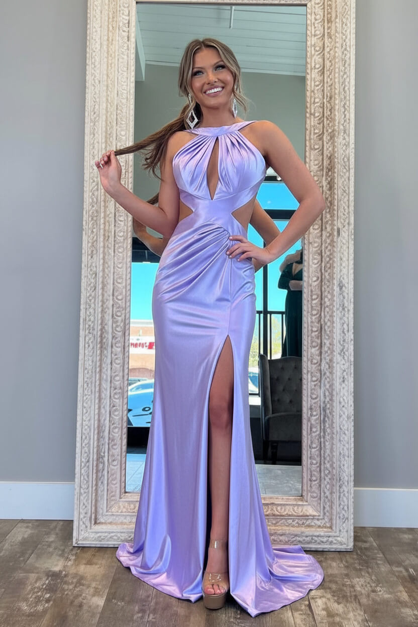 Stylish Fuchsia Metallic Mermaid Prom Dress With Slit And Open Back Formal Evening Gown