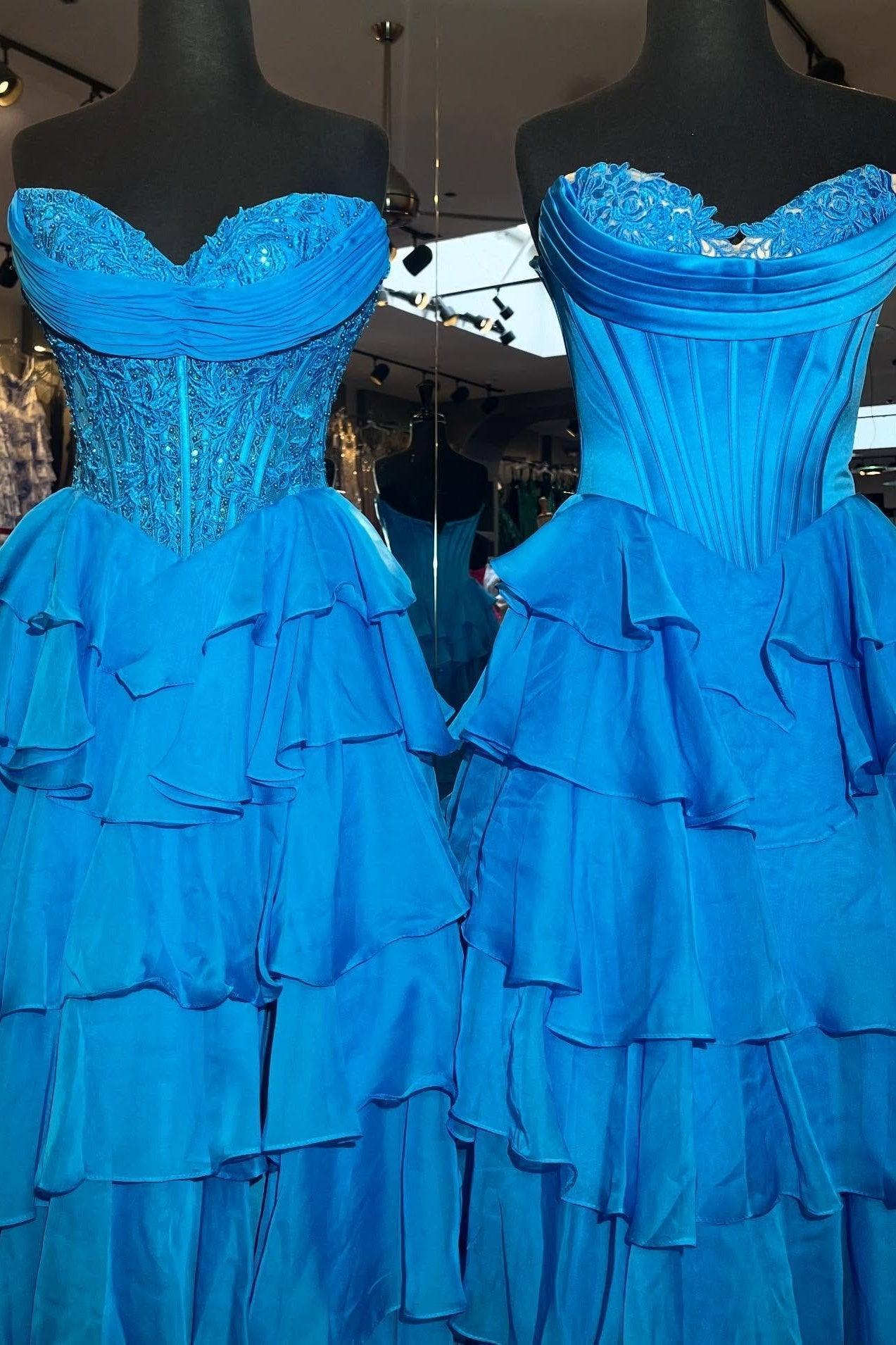 Dreamyannie Layered Ruffle A-Line Prom Dress With Embellished Lace Bodice And Leg Slit Formal Evening Gown