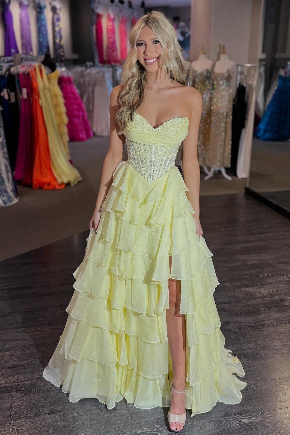 Dreamyannie Layered Ruffle A-Line Prom Dress With Embellished Lace Bodice And Leg Slit Formal Evening Gown
