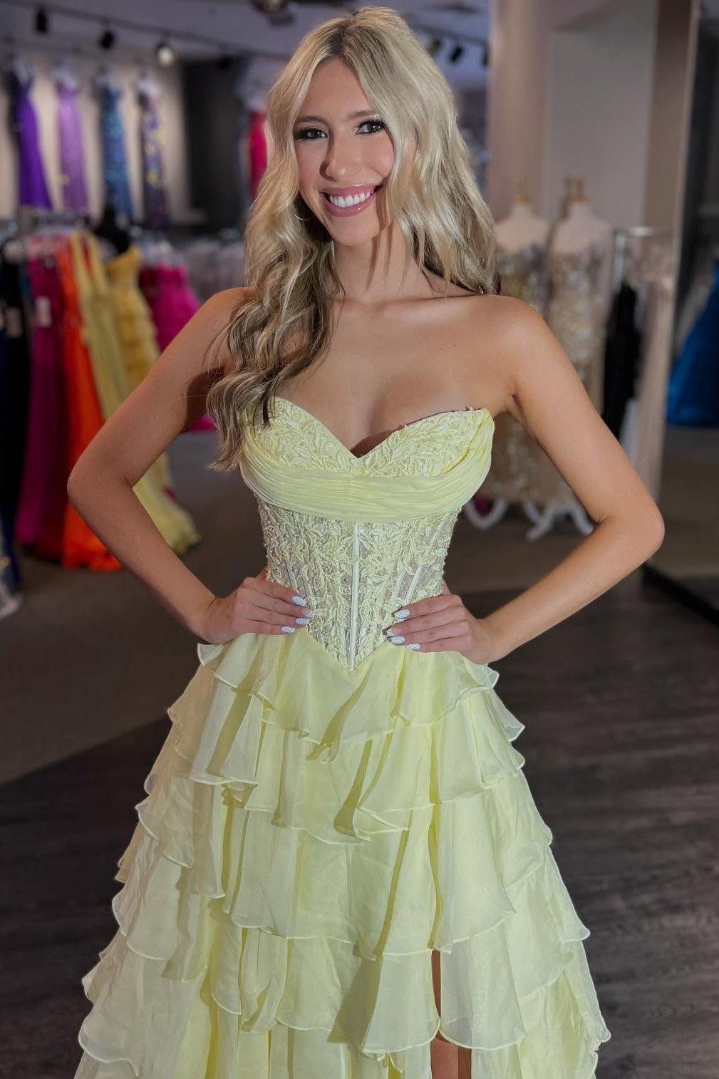 Dreamyannie Layered Ruffle A-Line Prom Dress With Embellished Lace Bodice And Leg Slit Formal Evening Gown