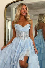 Dreamyannie Layered Ruffle A-Line Prom Dress With Embellished Lace Bodice And Leg Slit Formal Evening Gown