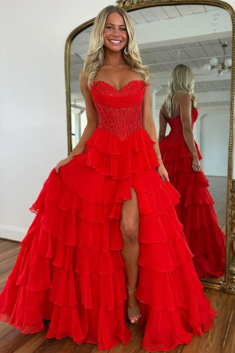Dreamyannie Layered Ruffle A-Line Prom Dress With Embellished Lace Bodice And Leg Slit Formal Evening Gown