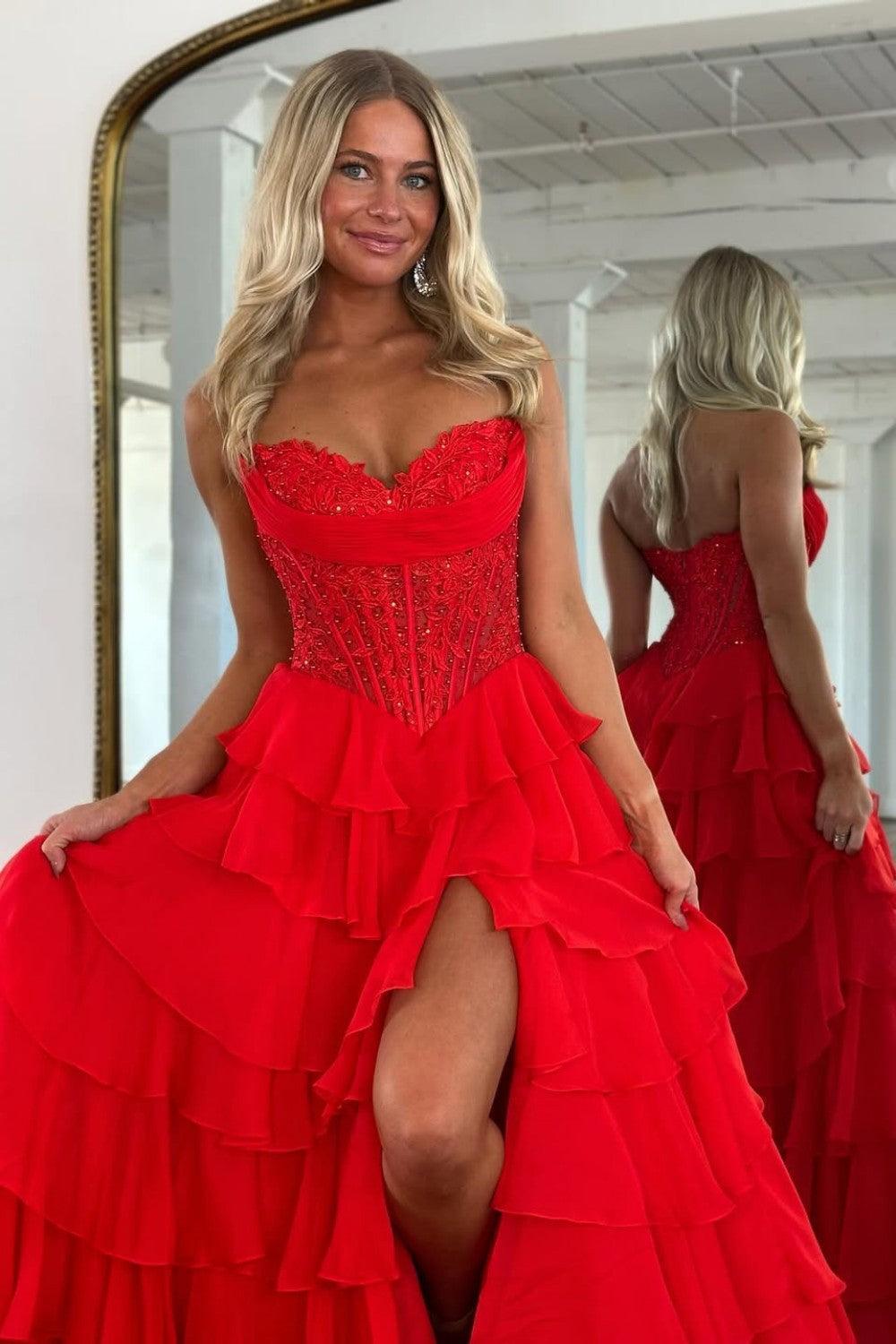 Dreamyannie Layered Ruffle A-Line Prom Dress With Embellished Lace Bodice And Leg Slit Formal Evening Gown