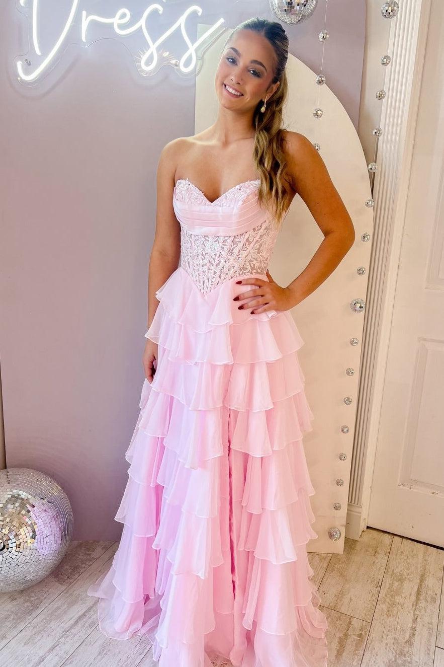 Dreamyannie Layered Ruffle A-Line Prom Dress With Embellished Lace Bodice And Leg Slit Formal Evening Gown