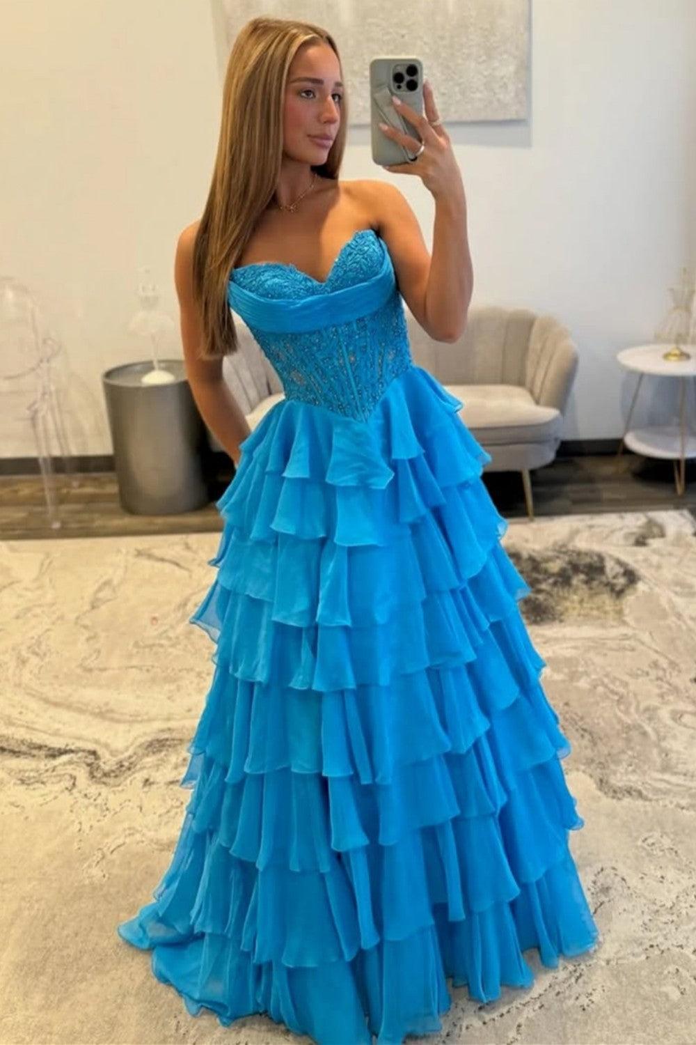 Dreamyannie Layered Ruffle A-Line Prom Dress With Embellished Lace Bodice And Leg Slit Formal Evening Gown