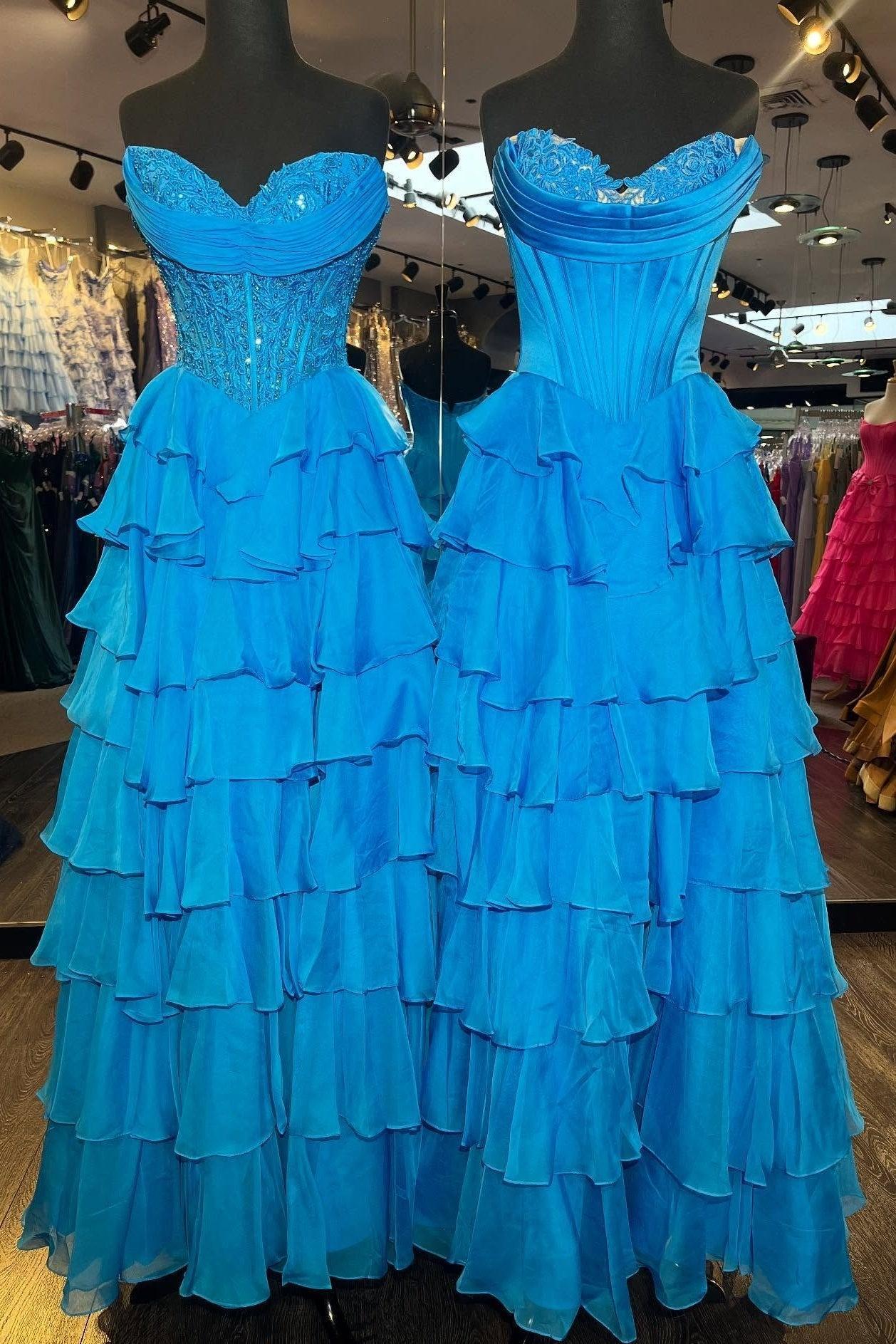 Dreamyannie Layered Ruffle A-Line Prom Dress With Embellished Lace Bodice And Leg Slit Formal Evening Gown