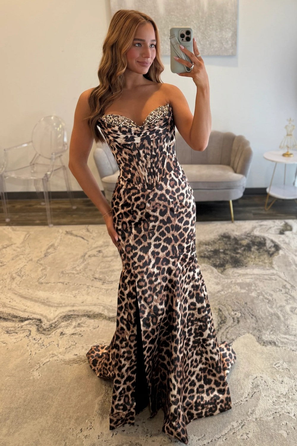 Leopard Print Strapless Mermaid Corset Prom Dress With Beaded Bodice Formal Evening Gown