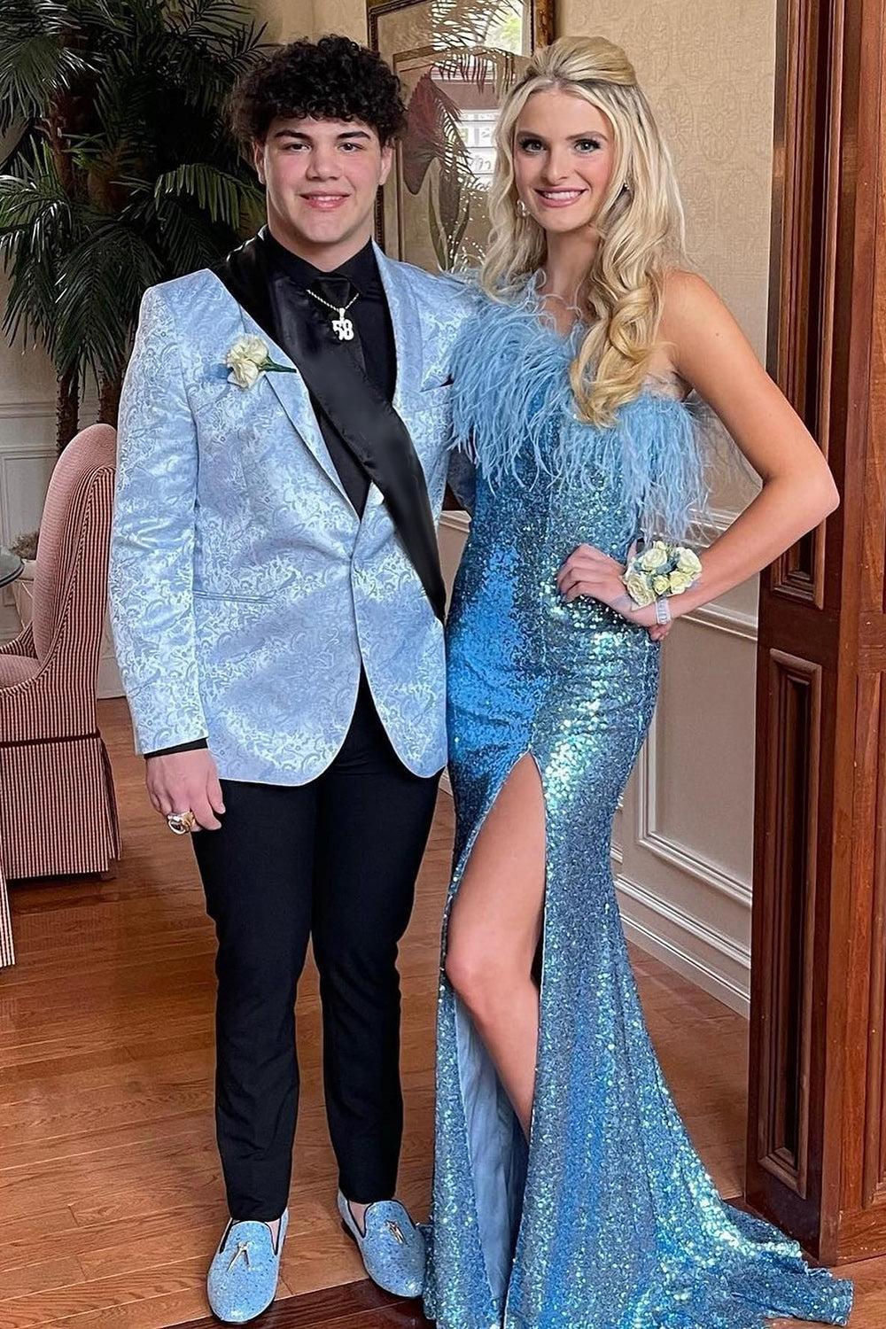 Light Blue 2 Piece Shawl Lapel Jacquard Men's Prom Graduation Suit