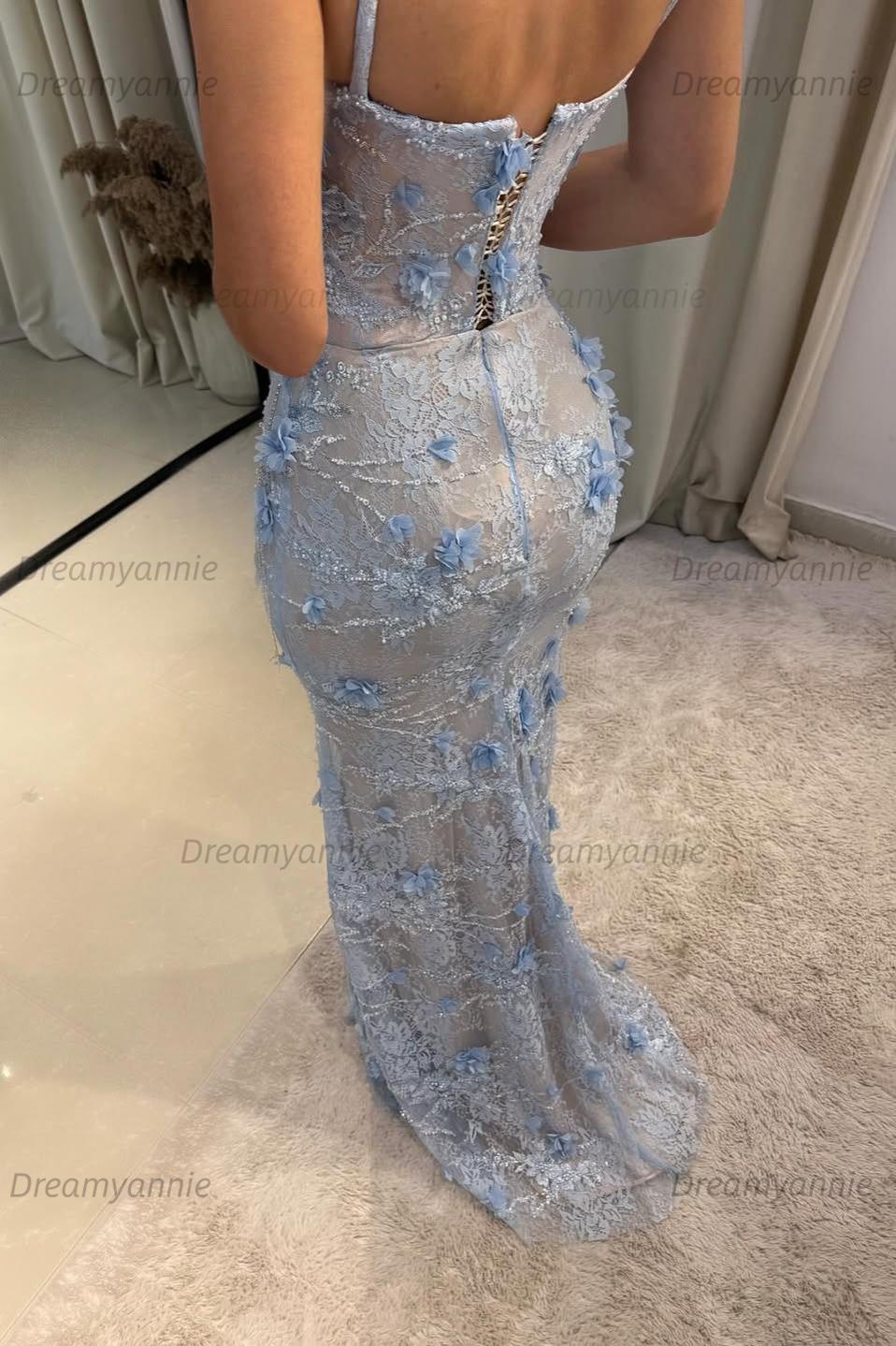 Light Blue 3D Floral Lace Beaded Mermaid Prom Dress With Illusion Corset Bodice Formal Evening Gown