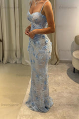 Light Blue 3D Floral Lace Beaded Mermaid Prom Dress With Illusion Corset Bodice Formal Evening Gown