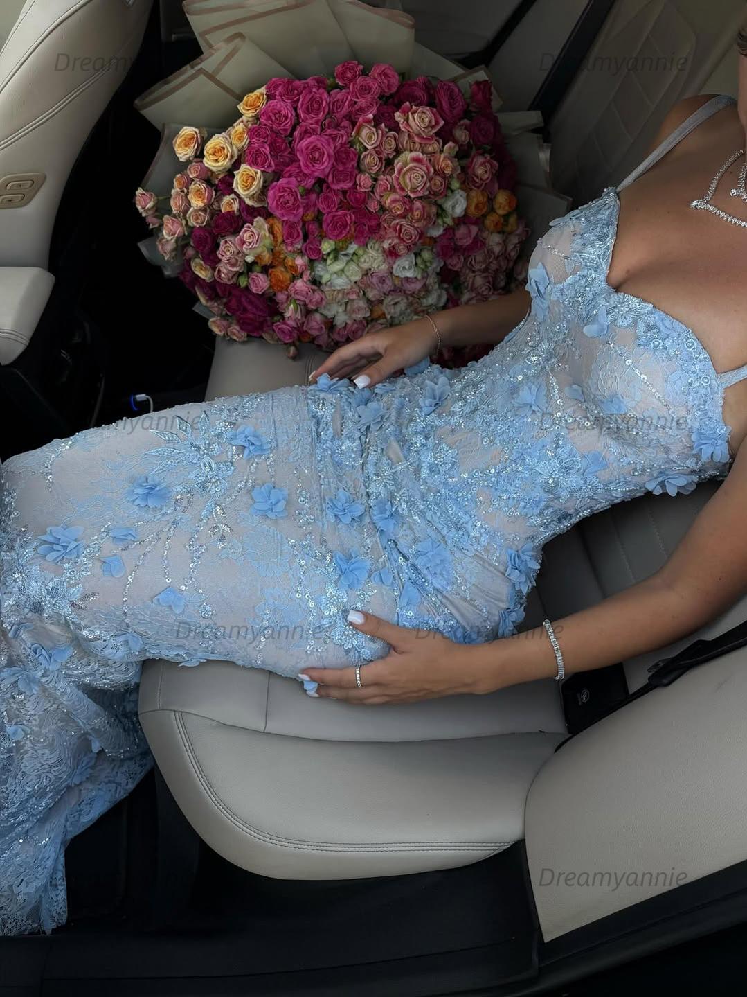 Light Blue 3D Floral Lace Beaded Mermaid Prom Dress With Illusion Corset Bodice Formal Evening Gown