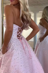 Pink Strapless Satin Prom Dress A Line Formal Evening Gown with Beadings