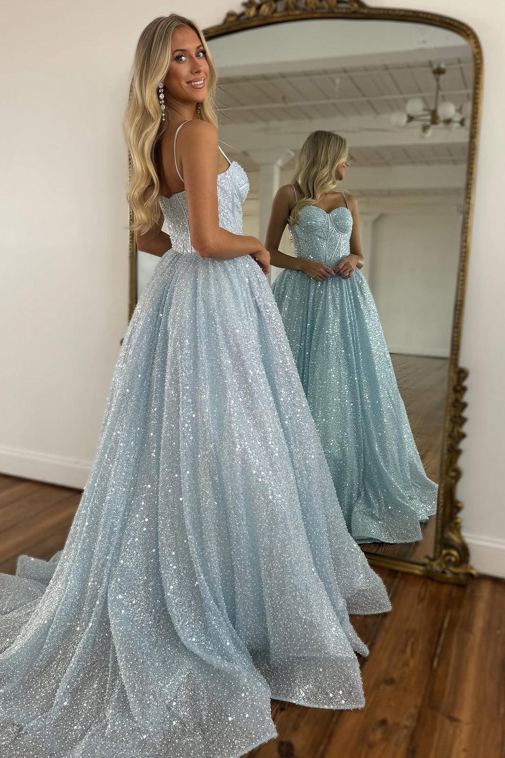 Light Blue Glitter Floor-Length Gown With Spaghetti Straps Prom Dress Formal Evening Gown