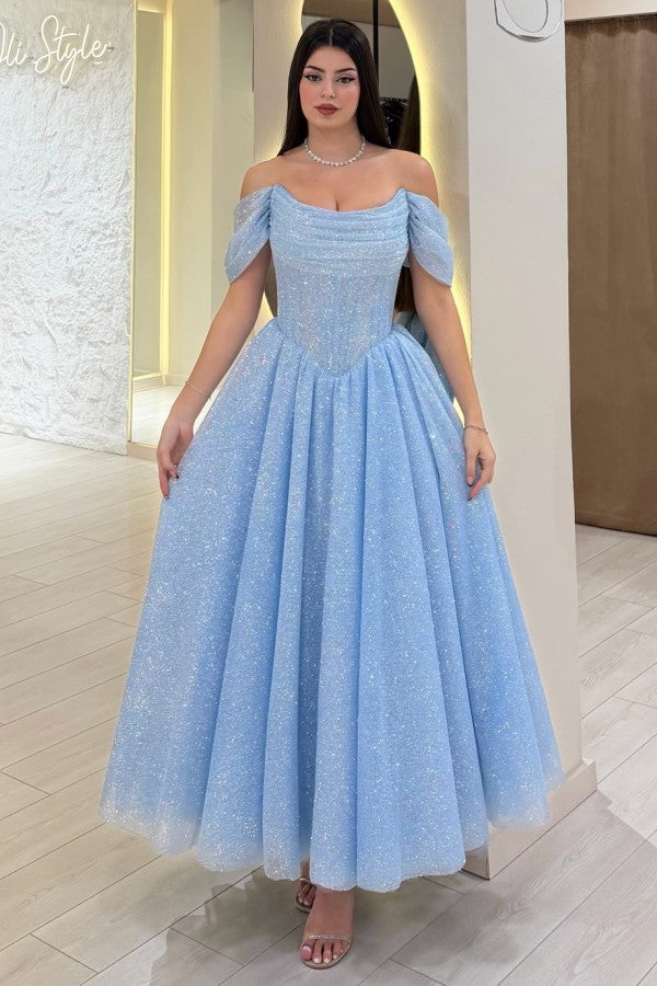 Light Blue Glitter Tulle A Line Prom Dress with Off Shoulder Sleeves