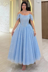 Light Blue Glitter Tulle A Line Prom Dress with Off Shoulder Sleeves
