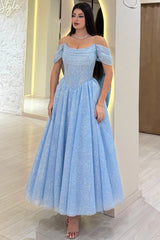 Light Blue Glitter Tulle A Line Prom Dress with Off Shoulder Sleeves