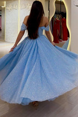 Light Blue Glitter Tulle A Line Prom Dress with Off Shoulder Sleeves