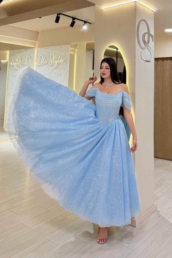 Light Blue Glitter Tulle A Line Prom Dress with Off Shoulder Sleeves