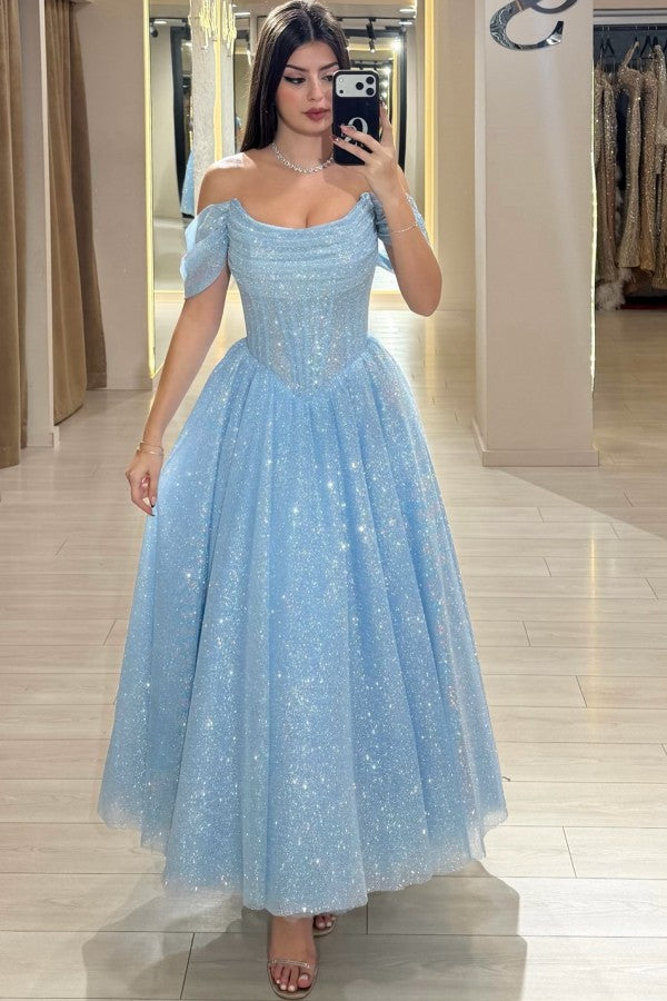 Light Blue Glitter Tulle A Line Prom Dress with Off Shoulder Sleeves