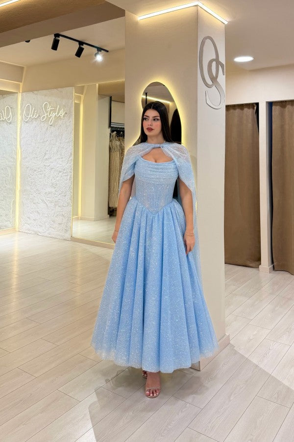 Light Blue Glitter Tulle A Line Prom Dress with Off Shoulder Sleeves