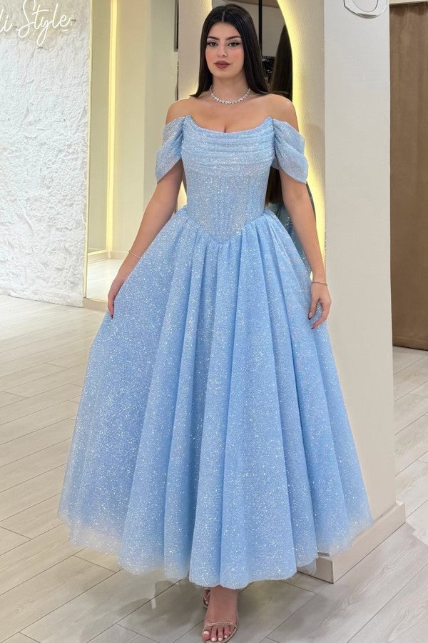 Light Blue Glitter Tulle A Line Prom Dress with Off Shoulder Sleeves