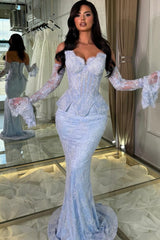 Light Blue Lace Mermaid Prom Dress with Detachable Sleeves