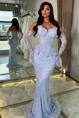 Light Blue Lace Mermaid Prom Dress with Detachable Sleeves
