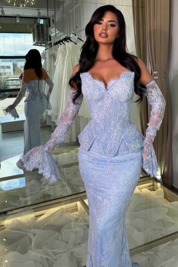 Light Blue Lace Mermaid Prom Dress with Detachable Sleeves