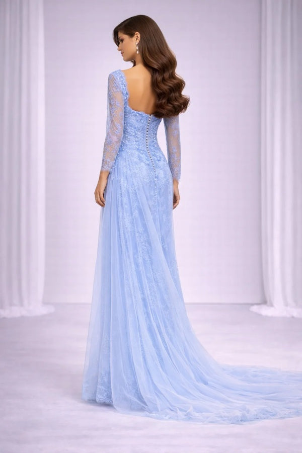 Light Blue Lace Prom Dress with Long Sleeves and Tulle Train
