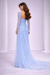 Light Blue Lace Prom Dress with Long Sleeves and Tulle Train