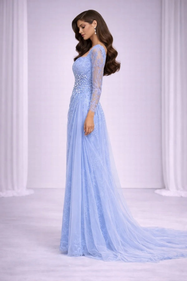 Light Blue Lace Prom Dress with Long Sleeves and Tulle Train