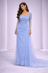 Light Blue Lace Prom Dress with Long Sleeves and Tulle Train