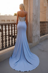 Light Blue Mermaid Prom Dress with Crystal Bodice and High Slit