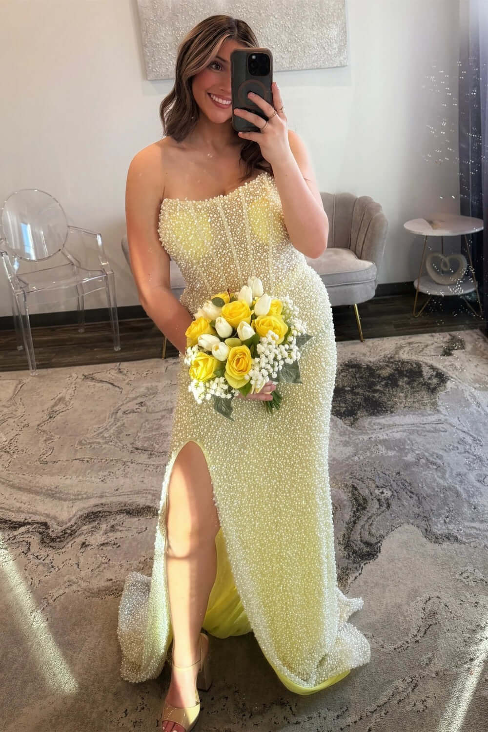 Dreamyannie Luxurious Mermaid Strapless Light Blue Corset Prom Dress With Pearls Split Front Formal Evening Gown