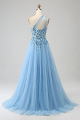 Light Blue Prom Dress A Line Long Corset Evening Dress With Appliques