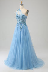 Light Blue Prom Dress A Line Long Corset Evening Dress With Appliques