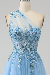 Light Blue Prom Dress A Line Long Corset Evening Dress With Appliques