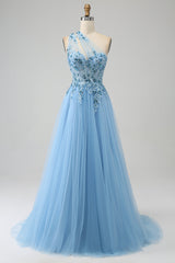 Light Blue Prom Dress A Line Long Corset Evening Dress With Appliques