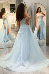 Light Blue Prom Dress A Line Long Corset Evening Dress With Slit