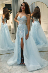 Light Blue Prom Dress A Line Long Corset Evening Dress With Slit