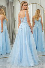 Light Blue Prom Dress A Line Tulle Long Evening Dress With Appliques