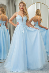 Light Blue Prom Dress A Line Tulle Long Evening Dress With Appliques