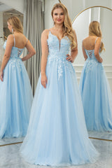 Light Blue Prom Dress A Line Tulle Long Evening Dress With Appliques