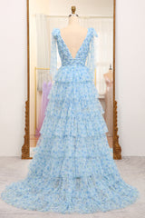Light Blue Prom Dress A Line V Neck Adjustable Straps Long Tiered Evening Dress