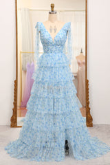 Light Blue Prom Dress A Line V Neck Adjustable Straps Long Tiered Evening Dress