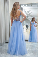 Light Blue Prom Dress Evening Dress A Line Long Corset Evening Dress