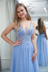 Light Blue Prom Dress Evening Dress A Line Long Corset Evening Dress