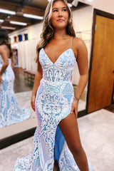 Light Blue Prom Dress Mermaid Lace Evening Dress With Slit