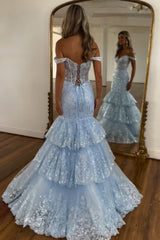 Light Blue Prom Dress Mermaid Off The Shoulder Long Evening Dress With Lace