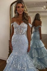 Light Blue Prom Dress Mermaid Off The Shoulder Long Evening Dress With Lace